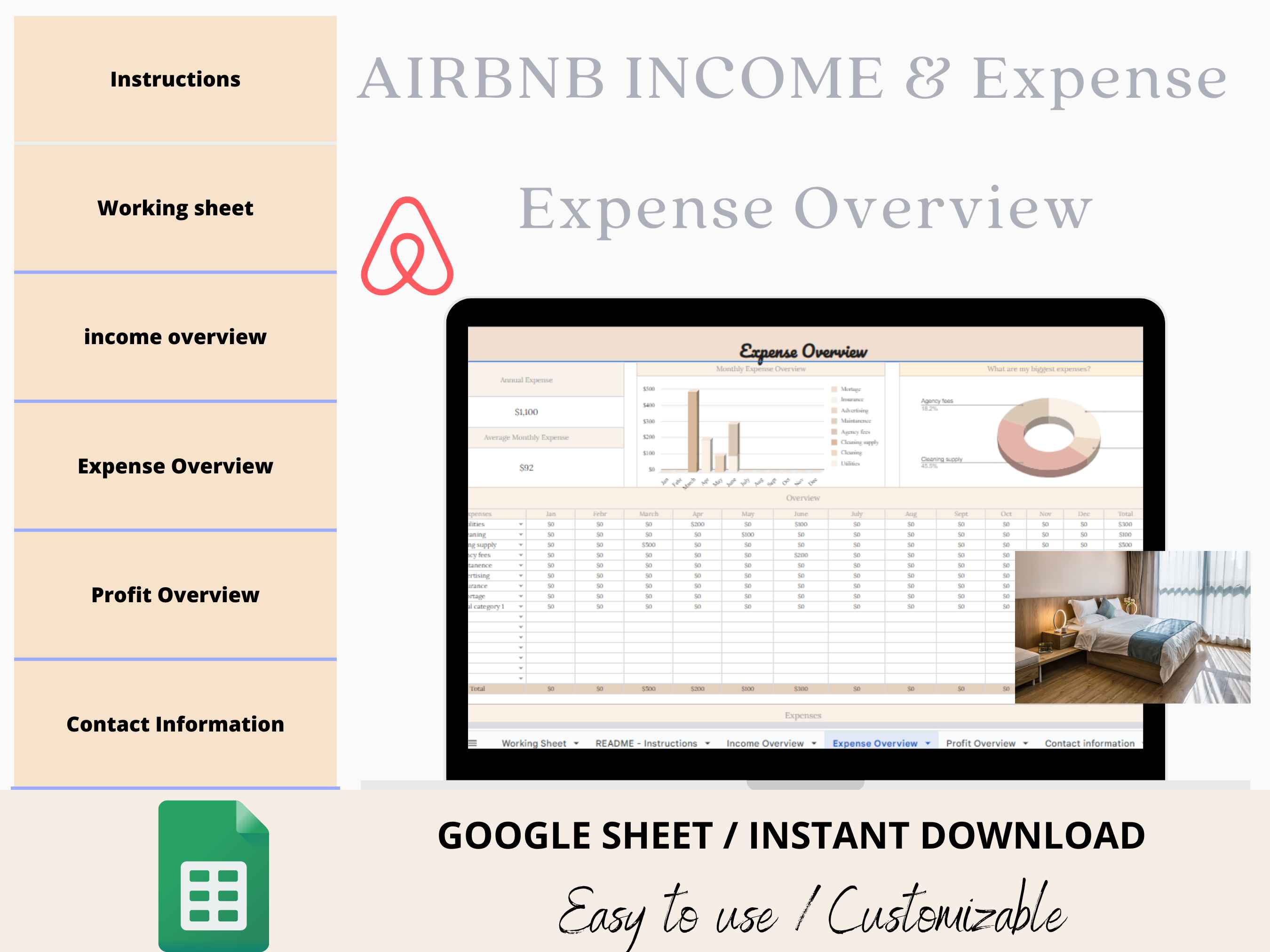 Customizable Airbnb Income & Expense Google Sheets